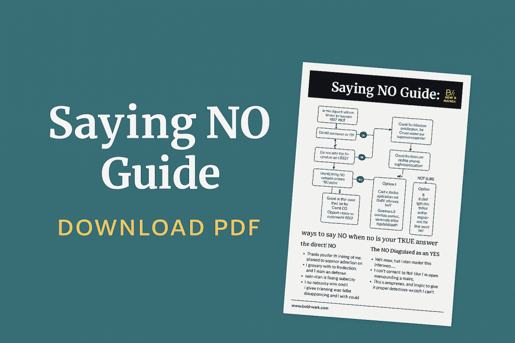 Infographic titled 'Saying NO Guide' with a flowchart detailing different ways to say no, alongside a call to action to download the PDF.
